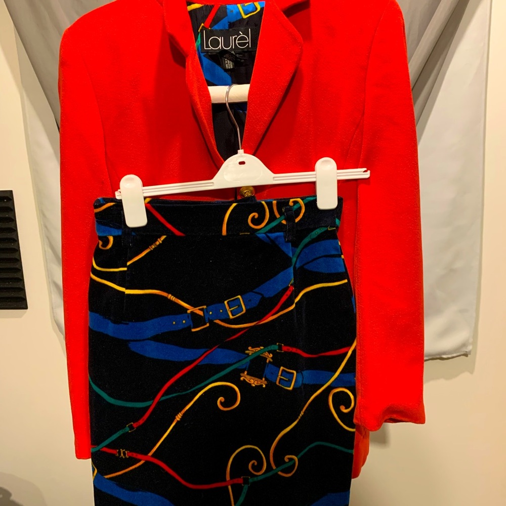 Laurel red trench coat & velvet skirt
